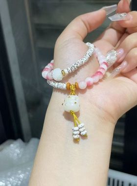 学生手链文艺名族风星月菩提拼寿山石双圈手链菩提根炭烧招财猫