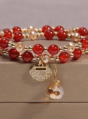 玻璃双圈长命锁手链女生款轻奢国潮中式手链仿红玛瑙手串女送闺蜜