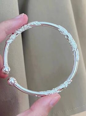 锌合金镀银仿古手镯女生古风手镯手饰繁花镯子实心镯子女孩礼物