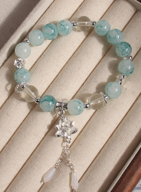 2条女孩琉璃手链新中式水墨画莲花手链国风流苏花朵手串学生手链