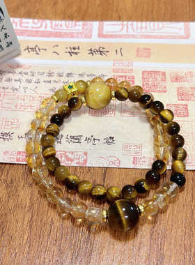 天然水晶手链圆黄塔晶珠手串天然虎眼水晶手串双圈手链女中式手串