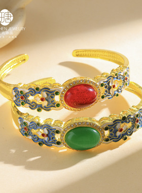 合金镀金手镯绿玛瑙手镯玛瑙红色玉髓合成石镯子珐琅彩手镯女跨境
