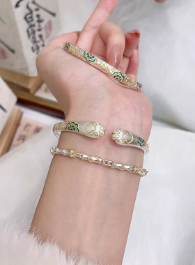 铜镀银中式描金唐草纹宝相花手镯女猫抓珐琅彩开口国风镯子手镯