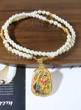 中式旗袍项链金色仿古项链国风轻奢百搭中式仿珍珠平安锁项链70cm