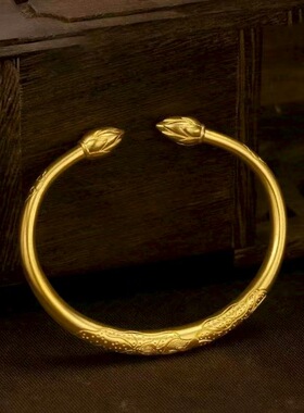 婚庆金镯子古法沙金莲韵花苞开口手镯荷花荷叶莲花实心中式手镯女