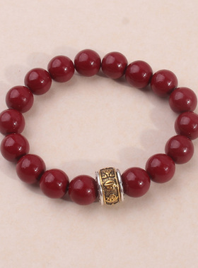 红色玻璃珠手链学生古风本命年仿朱砂单圈手串护身珠六字真言手链
