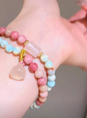 寿山石双圈手链红纹石水晶手串女士精致莲蓬好运珠手串中式手链