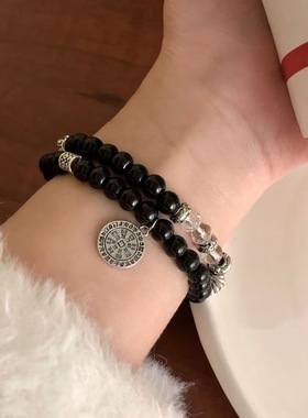 新中式山鬼花串珠双层手串女生琉璃黑色道系手串学生玻璃手链礼物