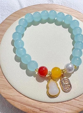 中式少女琉璃手链仿玉纳福牌手串学生闺白玉葫芦水晶流苏手链国风