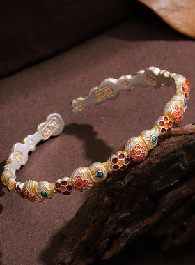 白铜镀银手镯时尚国潮手饰珐琅描金葫芦宝相花手镯开口吉言女银镯