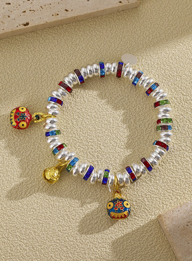 铜镀银仿古手链彩色吞金兽一家三口描金盘缠手链轻奢级感创意百搭