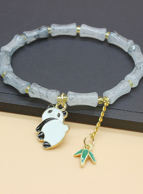 水墨竹节熊猫手链开花珠节节高玻璃珠手链新中式手链竹叶学生手串