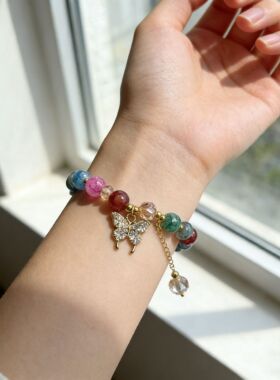 新款蝴蝶爆花水晶手链女生玻璃手链甜美女孩手链跨境手串礼物手饰