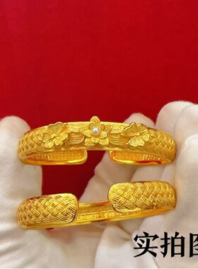 婚庆金镯子合金镀金色莲开福来金手镯中式花丝古典开口手环宫廷风
