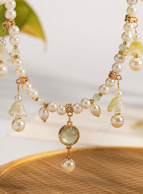 古风中式 项链旗袍珍珠项链女绿色铃兰吊坠清新璎珞宋制汉服配饰