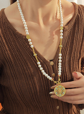 中式圆盘徽章多宝项链民族风珍珠毛衣链新中式长款宫廷风汉服配饰