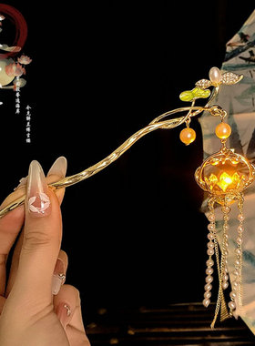 会发光的古风莲花灯笼发簪小仙女汉服盘发流苏步摇簪子发饰批发