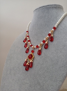 项链红色水滴汉服璎珞琉璃吊坠宫廷古装摄影配饰女珍珠清新甜美