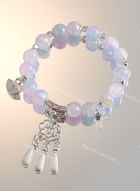 夏日冰魄彩色串珠捕梦网手串女生琉璃古风流苏手链甜美学生手链