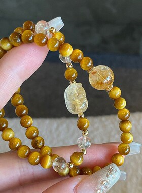 双圈人造黄水晶手串貔貅招财好运仿金虎眼双圈手链女生中式手串