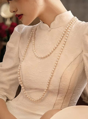 复古珍珠项链女优雅气质小香风双层锁骨链百搭长款古装配饰项链