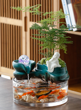 流水摆件小型鱼缸生财招财盆景