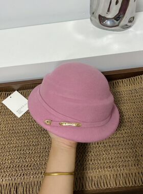 法式优雅卷边羊毛呢盆帽女秋冬时尚保暖显脸小复古渔夫帽名媛礼帽