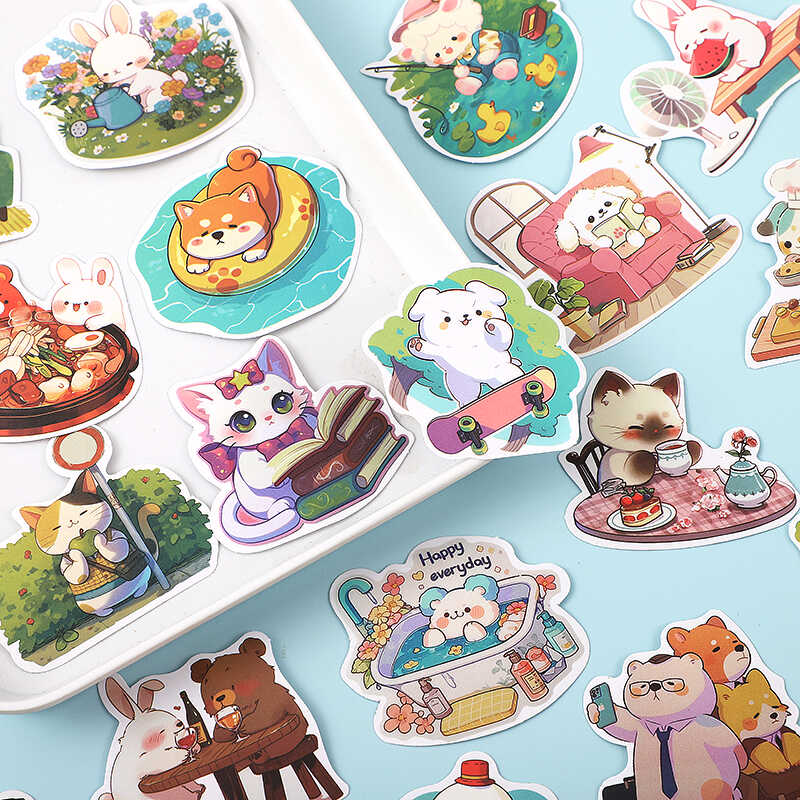 卡通小动物的一天贴纸可爱手账装饰贴画女孩儿童粘贴小熊兔子熊猫 - 图3