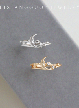 《回到霍格沃兹》魔法月亮星星古典立体月桂冠原创小众纯银戒指女