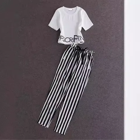 哈伦裤T恤小香风新款条纹短袖女装明星同款休闲套装时尚,淘宝优惠券,粉丝福利购,淘宝优惠卷