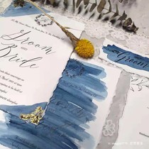 Mckie Wedding Card Please Cambodia Happy Post Menu Name Card Custom Envelope Gold Leaf Hand-painted Watercolor Foggy Blue Fine Print Cotton Paper