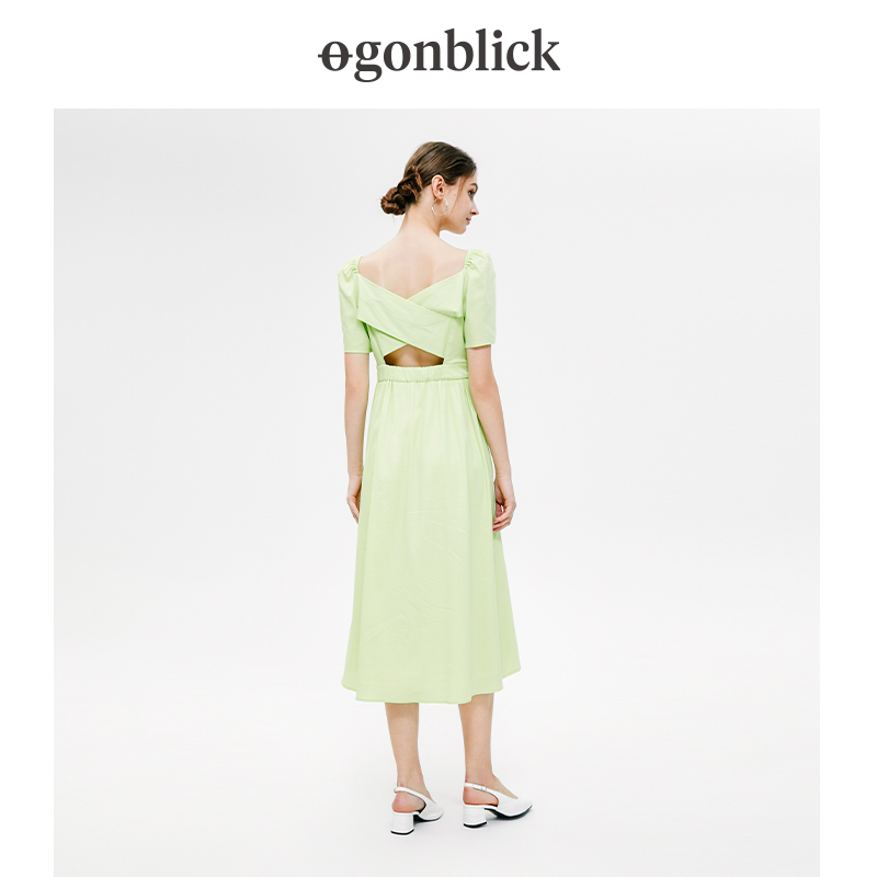 北欧时刻法式小清新连衣裙显瘦遮肉优雅夏季新款绿色气质简约长裙-图3