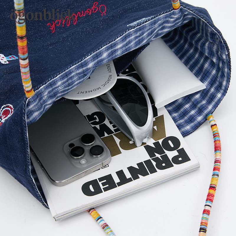 北欧时刻逗鸭联名刺绣格子牛仔两面用托特包女彩绳帆布单肩手提包,淘宝优惠券,粉丝福利购,淘宝优惠卷