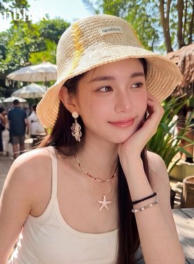 北欧时刻宽檐撞色系带草编渔夫帽女田园风草帽时尚度假风遮阳帽子