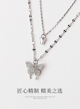 s925银双层蝴蝶项链锁骨链典雅设计气质简约多层颈链女送闺蜜礼物