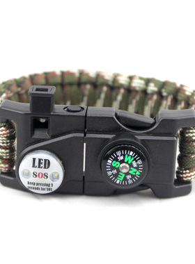 欧美热卖伞绳编织多功能求生手链LED信号求救灯指南针打火石手环