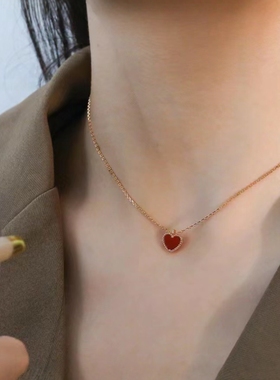 ITAILI BVIGARI18K玫瑰金红玛瑙爱心吊坠项链法式桃心锁骨链礼物