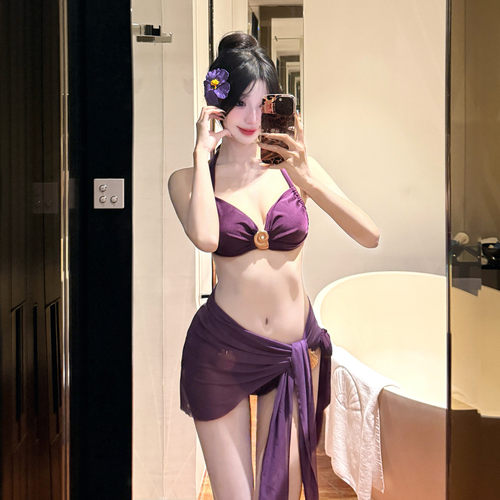 绝美氛围感性感紫色纯欲比基尼女三件套显白聚拢度假泡温泉泳衣女 - 图2