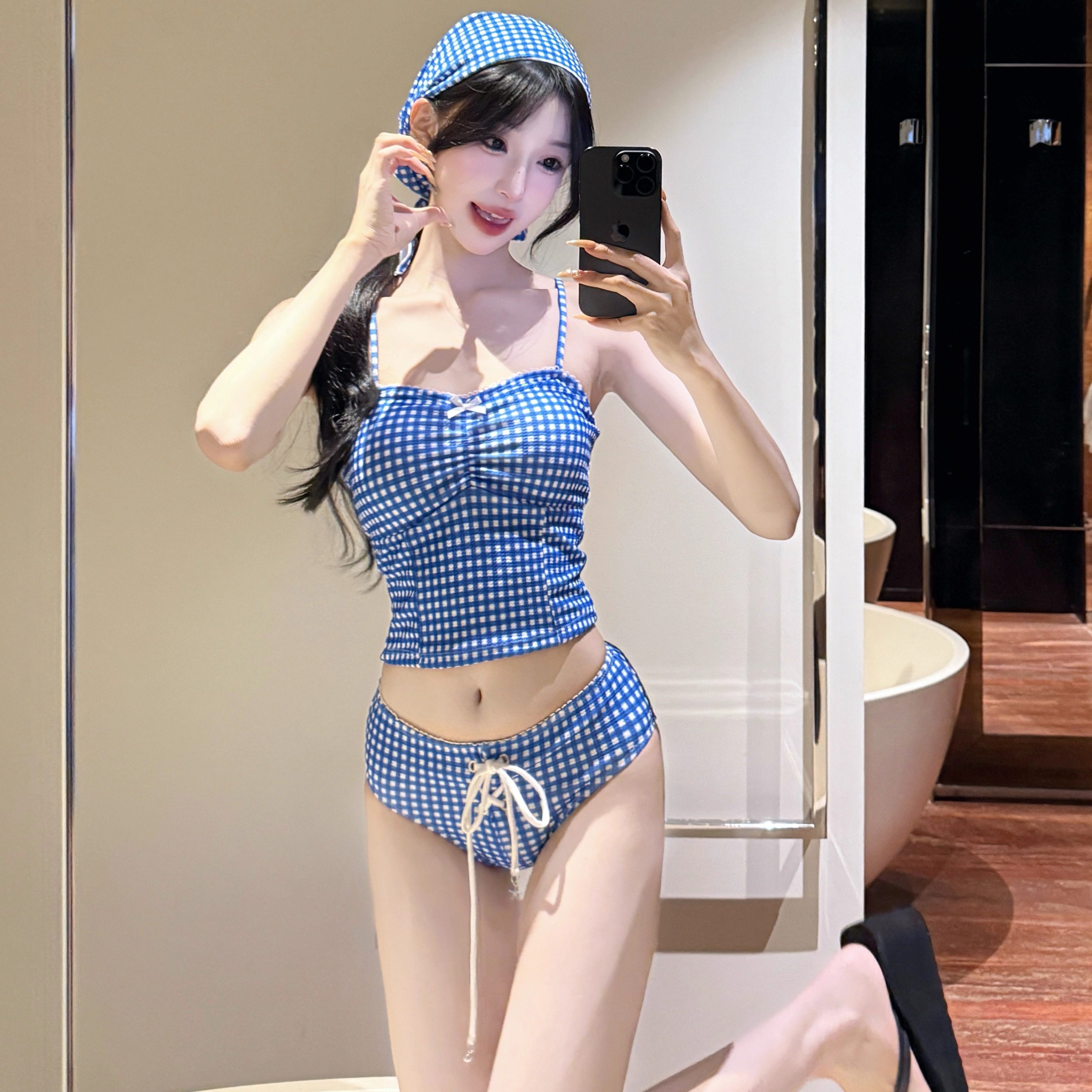 比基尼泳衣女复古格子显白少女甜美小胸聚拢三件套海岛度假泡温泉,淘宝优惠券,粉丝福利购,淘宝优惠卷