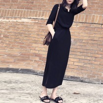 Black Open Fork Tandem Dress Woman 2023 Summer New fashion Body Waist Display Slim Mid-Length And Half Sleeve Snowspun Dress