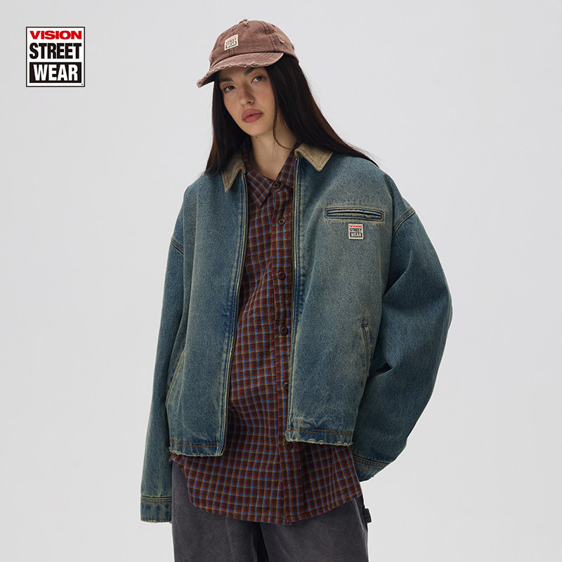 VISION官方 美式复古水洗做旧工装外套底特律牛仔夹克立领秋冬新,淘宝优惠券,粉丝福利购,淘宝优惠卷