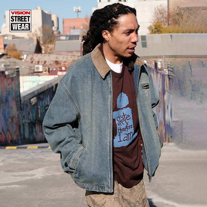 VISION官方 美式复古水洗做旧工装外套底特律牛仔夹克立领秋冬新,淘宝优惠券,粉丝福利购,淘宝优惠卷