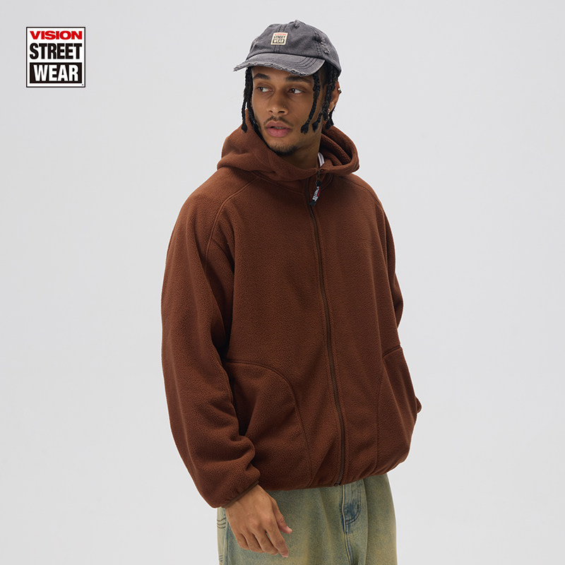 VISION官方 美式街头宽松拉链摇粒绒连帽立领外套男女秋新款2色,淘宝优惠券,粉丝福利购,淘宝优惠卷