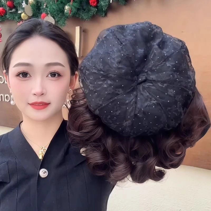 帽子假发女一体满钻蕾丝贝雷帽新款卷发时尚减龄洋气新款百搭头套,淘宝优惠券,粉丝福利购,淘宝优惠卷