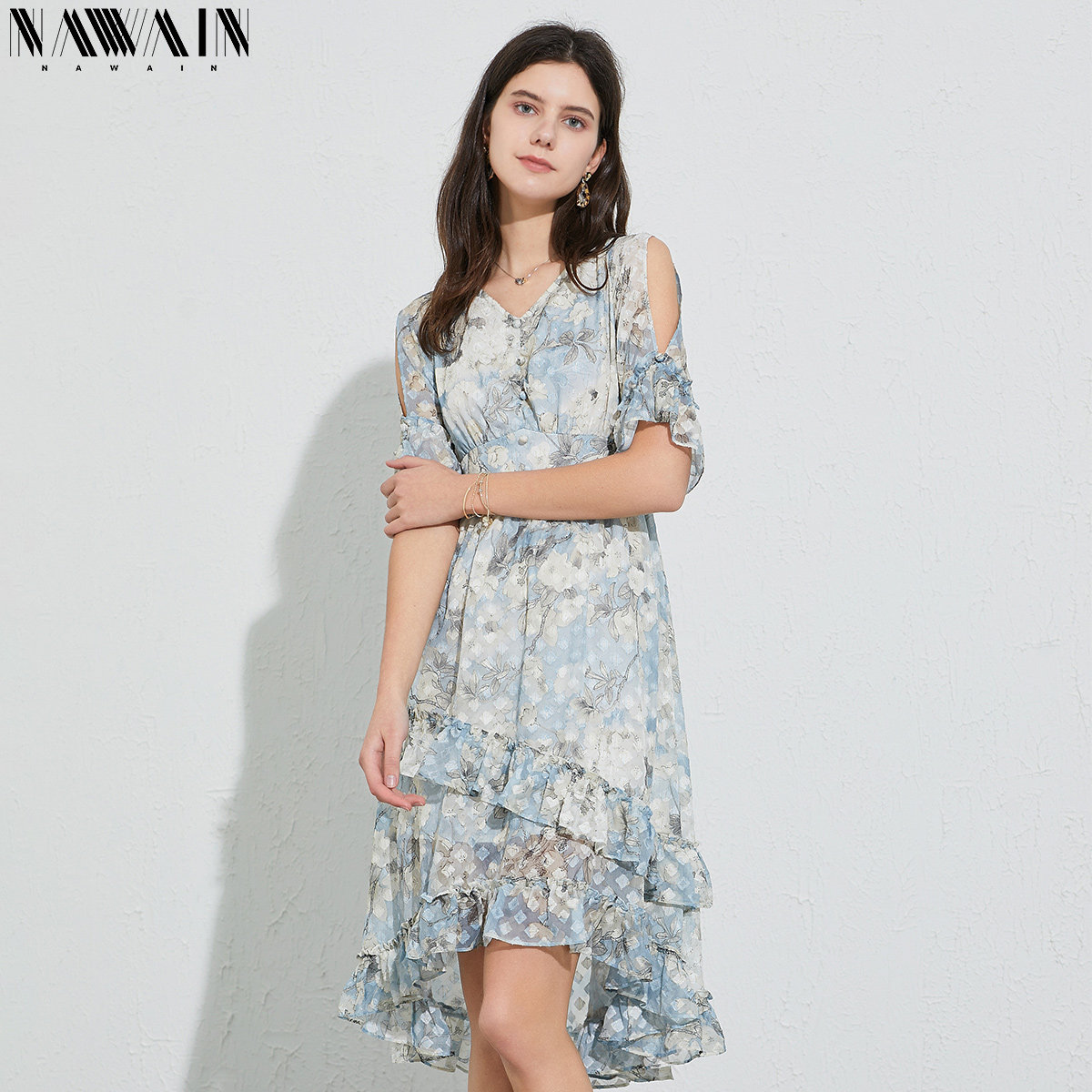 纳纹2020夏季新款法式荷叶边收腰 纳纹服饰连衣裙