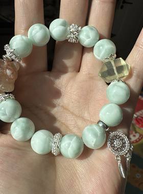 原创绿海纹绿天使龙纹玛瑙捂脸熊黄水晶双尖舒缓美容米11.8手串