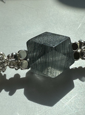 原创高货全顺发灰兔毛随形+紫蓝拉长灰月光+黑发晶+蓝钢丝兔毛925