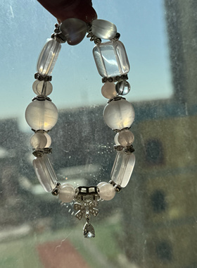 原创莫桑比克粉晶手牌+蓝月光爱心s925桃花人际舒缓自信15mm手牌