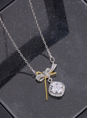 s925纯银浪漫蝴蝶结粉色锆石项链女小众精致轻奢感锁骨链礼物