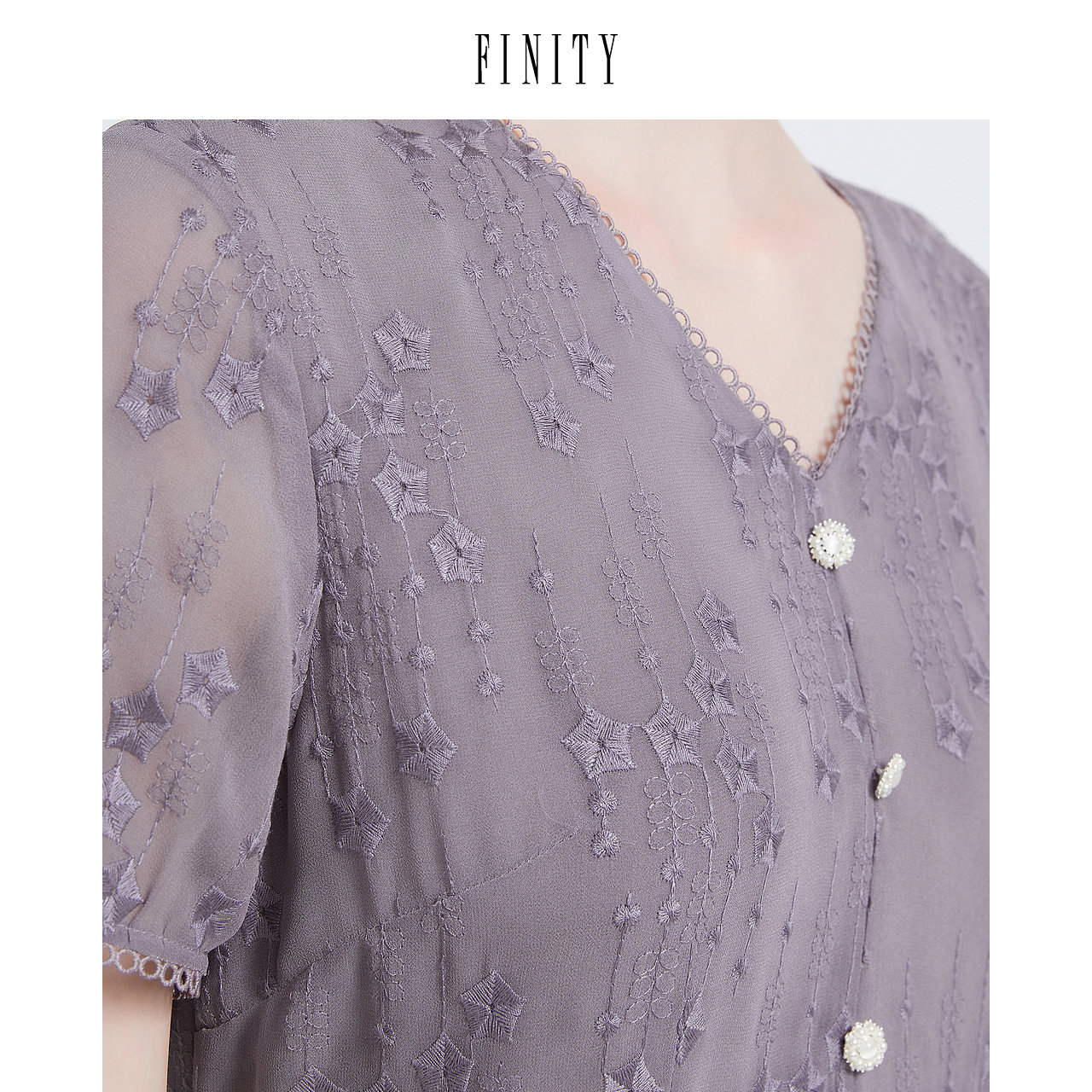 FINITY菲妮迪夏装V领雪纺蕾丝连衣裙女甜美休闲中长款仙女裙 - 图2